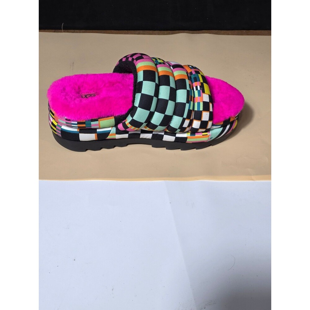 UGG Colorblock Puffy Slide Slippers Women’s Size 8 – Neon Pink Multi Color Check - Picture 3 of 8